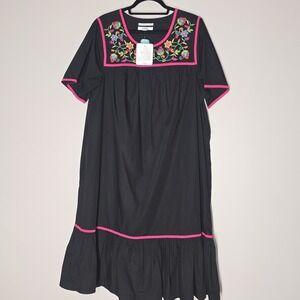 NWT Go Softly Patio Dress Womens L Black Midi Embroidered Floral Boho